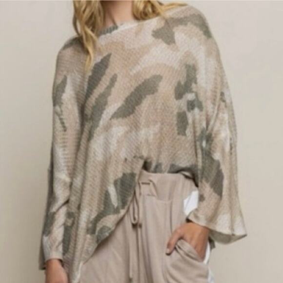 NWT POL Sweater Womens M Tan Camo Knit Slouchy Boxy Oversized Earthy Neutral - Picture 1 of 6